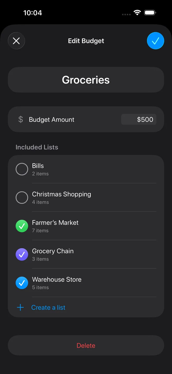 Spendoo Edit Budget overlay sheet showing how to select lists to include in a budget