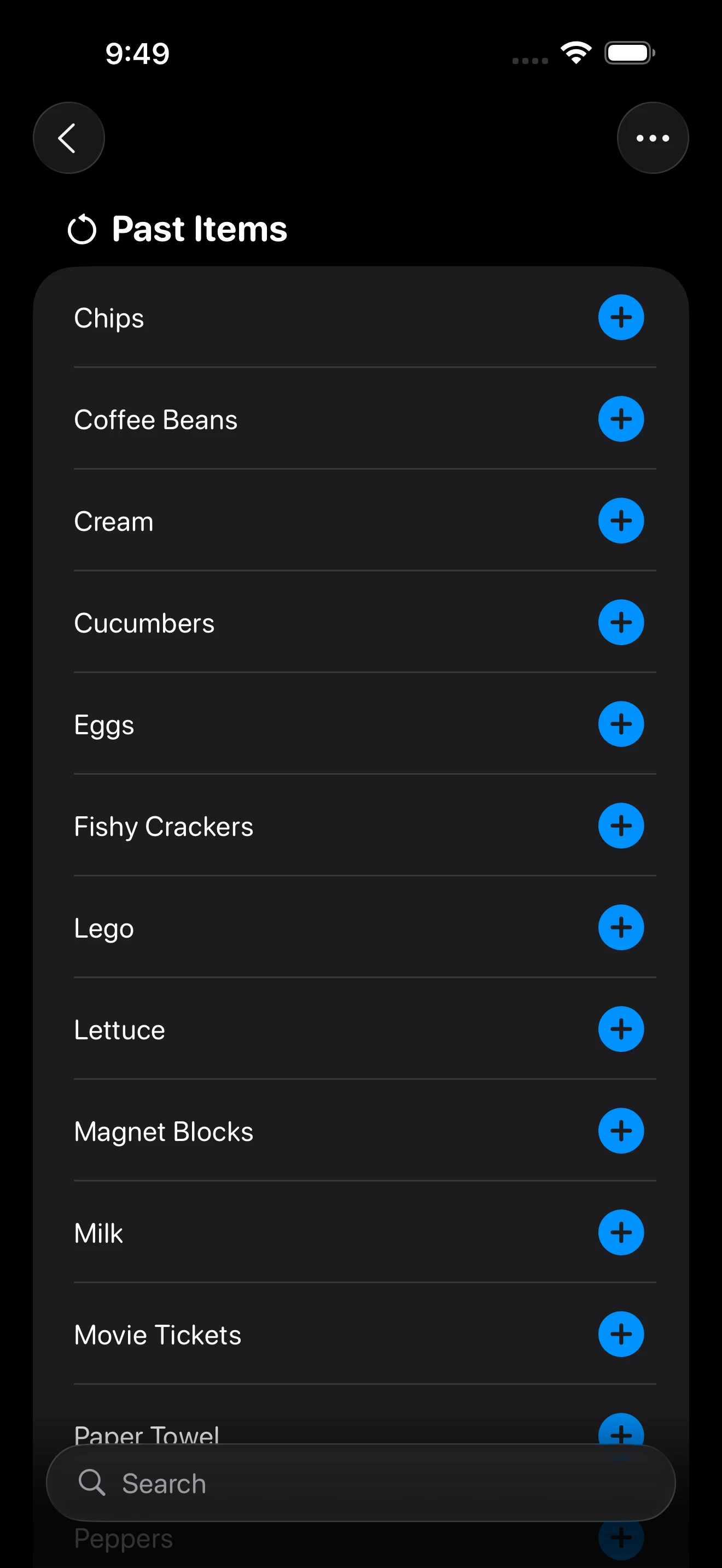 Spendoo Past Items scrollable checklist sheet showing previous items and add buttons